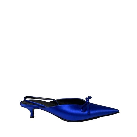 BALENCIAGA Blue Satin Bow Accent Knife Pointed Slingback Kitten Heels 36.5 - Picture 1 of 10
